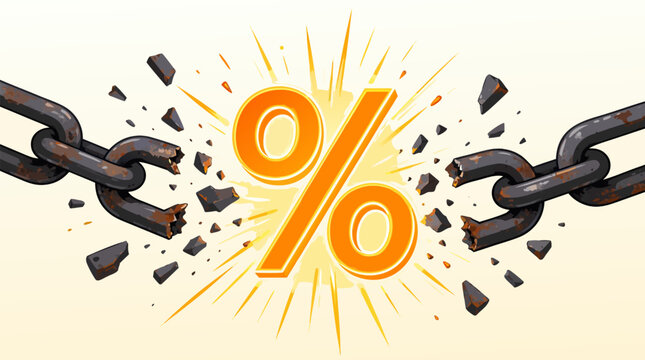 A glowing orange percentage symbol shatters and breaks free from a thick rusty iron chain representing financial freedom.