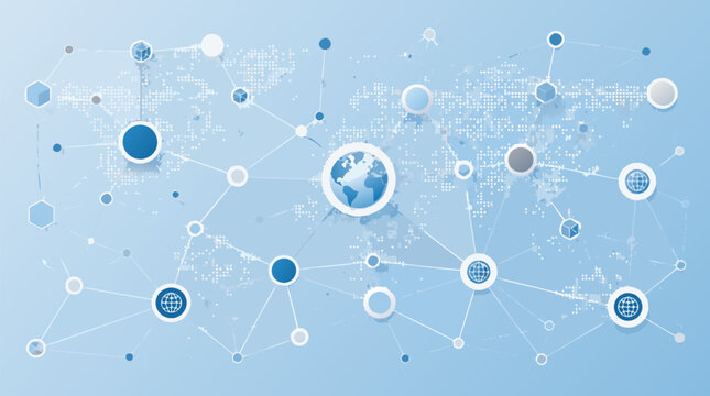 A global digital network map with glowing connection nodes and a central globe icon on a bright blue background.