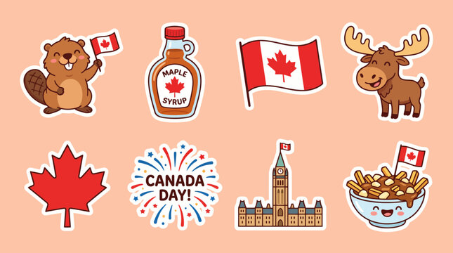 Cute vector illustration set featuring iconic canadian symbols like a beaver moose maple syrup flag poutine and parliament building design