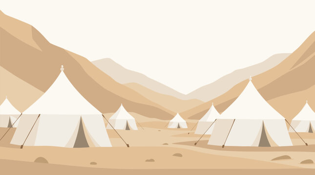 White pilgrim tents arranged in rows across a sandy desert valley surrounded by mountains representing the Hajj pilgrimage.