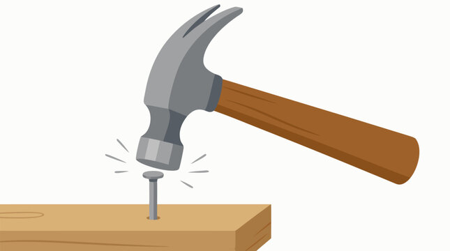 A claw hammer strikes a nail into a piece of wood in a flat vector illustration of basic carpentry and construction work.