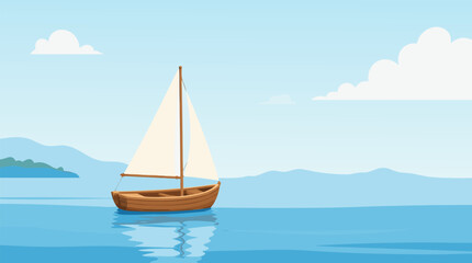 Fototapeta premium A small wooden sailboat drifts peacefully across a calm blue sea with distant mountains and a soft gradient sky behind.