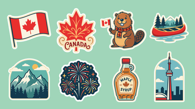 Colorful set of Canadian themed vector stickers featuring iconic symbols like the maple leaf beaver flag mountains and maple syrup