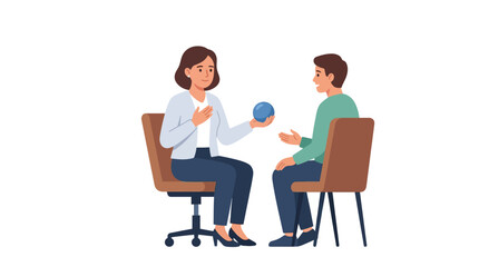 Obraz premium Professional female psychologist holding blue sphere during mental health consultation with patient flat vector illustration
