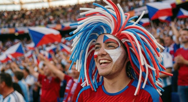 Close-up portrait of a happy Czech Republic football fan in a stadium. Smiling supporter with face paint, a crazy wig, and flags cheering during a major international soccer tournament.