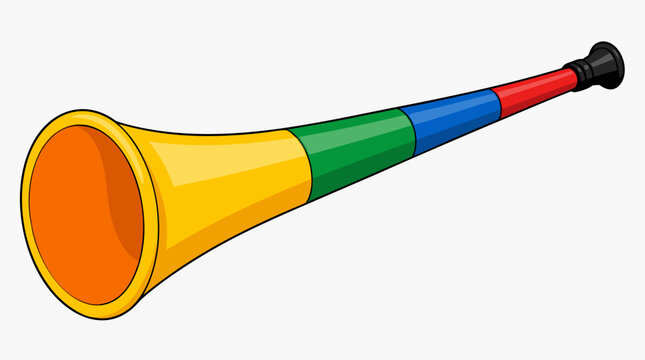 A colorful multi-segment vuvuzela stadium horn in yellow, green, blue, and red with a black mouthpiece for sports fan events.