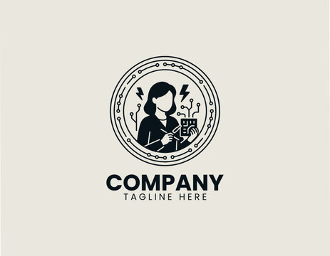 female electrical engineer circuit board black white vector logo