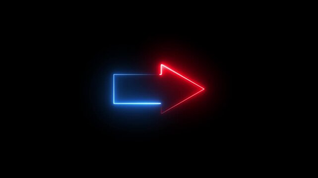 Glowing neon red and blue color direction right arrow sign icon animation journey information road sign signal circle sign symbol on black background	