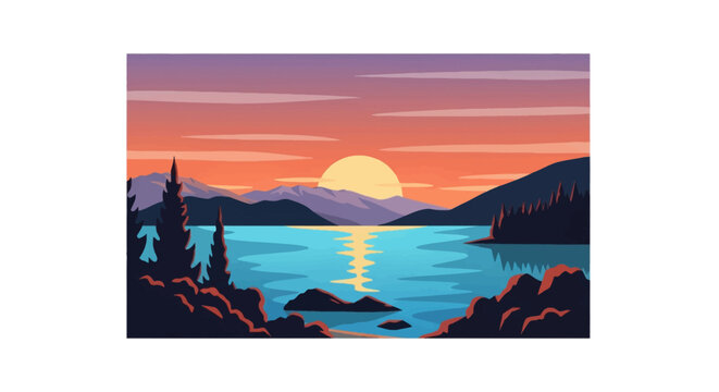 Vector landscape illustration showing a sunset over a mountain lake with pine tree silhouettes, calm blue water reflections, and layered orange sky with a glowing sun.