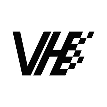 Black VHE racing typography with checkered flag pattern.