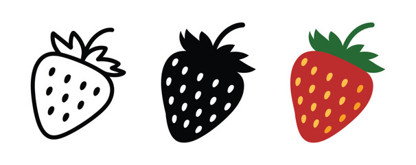 strawberry icons pack, minimalist outline silhouette and colorful fruit designs, fresh berry and healthy eating concept, simple modern vector illustration collection. © Rakib001