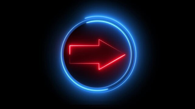 Glowing neon red and blue color direction right arrow sign icon animation journey information road sign signal circle sign symbol on black background	