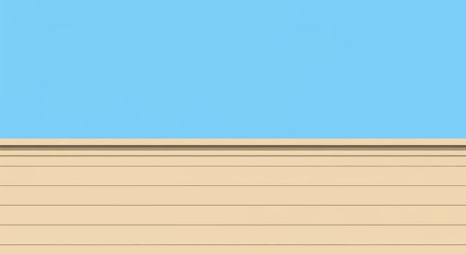 Horizontal beige wood panel wall or fence with parallel slats viewed from a straight-on perspective against a solid, clear blue sky background with no clouds or texture.