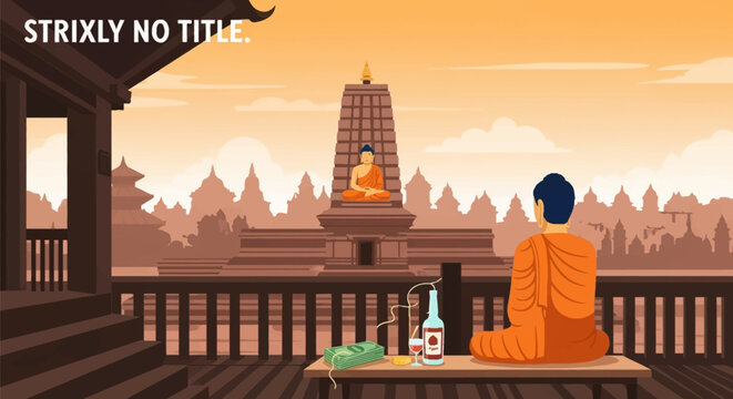 Vector illustration of a Buddhist monk in orange robes meditating on a balcony at sunset, facing a temple complex with a stack of cash and an alcohol bottle on a table.