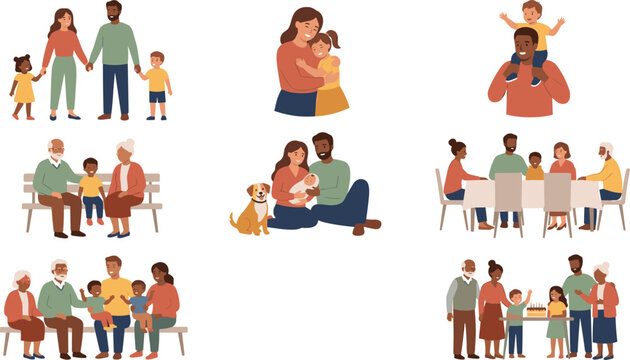 Multigenerational Diverse Family Character Vector Illustration Set with Grandparents, Parents, Kids, Newborn Baby, and Pet Dog for Happy Lifestyle Graphic Designs