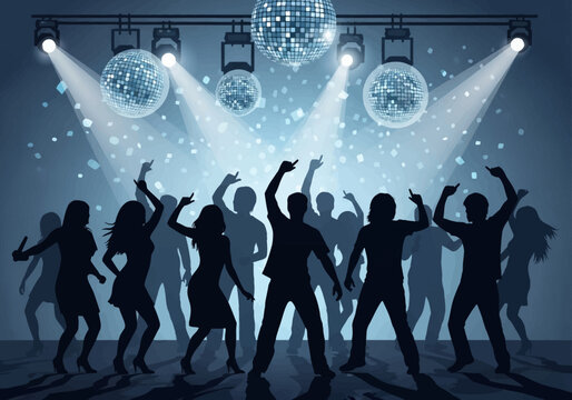Silhouette of a group of people dancing on a dance floor under bright spotlights and three hanging mirror disco balls with falling confetti in a blue monochromatic nightclub setting.
