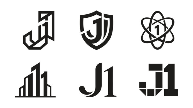 Collection of six distinct J1 logo designs in black and white.