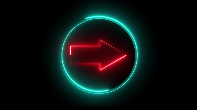 Glowing neon red and cyan color direction right arrow sign icon animation journey information road sign signal circle sign symbol on black background	