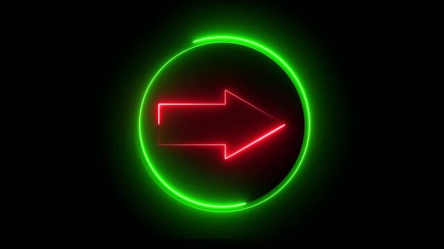Glowing neon red and green color direction right arrow sign icon animation journey information road sign signal circle sign symbol on black background	