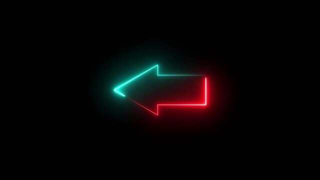 Glowing neon red and cyan color direction left arrow sign icon animation journey information road sign signal circle sign symbol on black background	