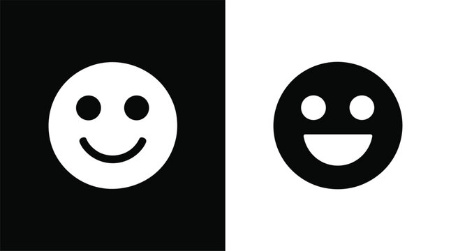 Happy smiley face emoji icon set with black and white emoticon vectors for customer feedback or satisfaction ratingHappy smiley face emoji icon set with black and white emoticon vectors for customer f