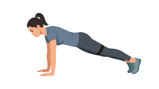 Fit young woman performing high plank pose for bodyweight core training flat design vector illustration.