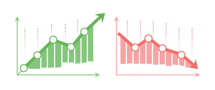 set of green upward arrows and red downward arrows, finance profit and loss graph symbols, stock market growth and decline indicators, business performance icons, clean modern vector illustration.