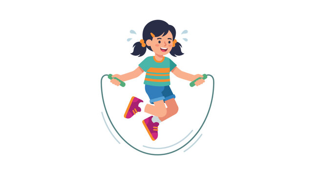 Active young girl jumping rope during fitness activity for healthy lifestyle flat vector illustration