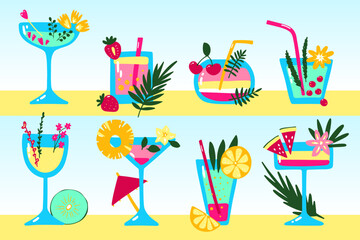 Cartoon tropical cocktails set. Color drinks on beach background. Hand drawn shakes with straws, fruits, berries, leaves, spices. Beverage, soda, juice in glasses. Vector summer holiday illustration © Olga