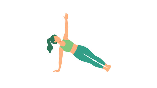 Fit woman performing a side plank exercise for core strength during fitness workout flat design vector illustration.