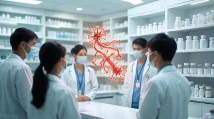 Fototapeta premium Medical team in white coats and masks examining glowing red holographic virus organism floating above pharmacy counter with drug shelves in background
