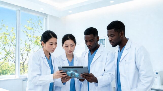 Diverse medical research team in white coats collaborates around a tablet in a bright laboratory, reviewing scientific imagery and sharing expertise in healthcare, diagnostics, and innovation