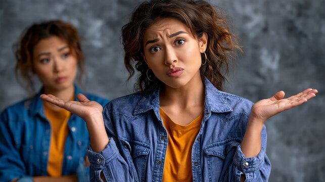 Two confused women shrug against a gray background, expressing uncertainty and bewilderment.