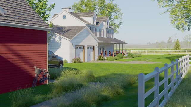 Country farmhouse with white fence and lush green lawn