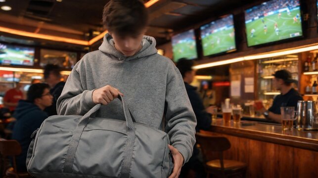 Young man in a gray hoodie searches inside a duffle bag at a sports bar while soccer games play on multiple television screens in the background.