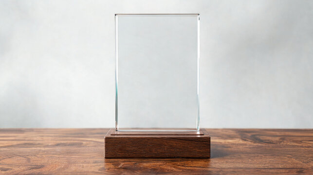 Tall vertical transparent glass award plaque on a dark wooden base displayed against a neutral background ready for personalized engraving in corporate settings.