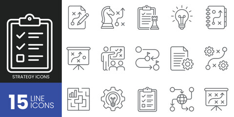 Set of strategy icons, including planning, business development, management, and project roadmap symbols thin line icons for web and mobile apps © Fast Art