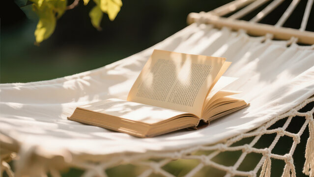 Open vintage book laid on white tassel linen hammock, dappled tree shadow soft light, lazy healing outdoor reading still life photography material