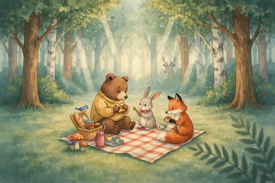 Friendly bear, rabbit, and fox sharing a picnic meal on a red checkered blanket in a lush green forest with tall trees and soft sunlight