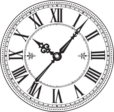 Create of White Vintage clock Face with Roman numerals and retro hands. Victorian clock dial with hands and Roman numbers. Vector illustration