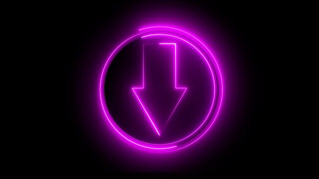 Glowing neon pink color direction down arrow sign icon animation journey information road sign signal circle sign symbol on black background	