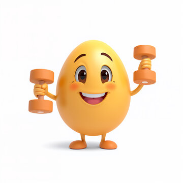 Funny cartoon egg with dumbbells isolated on white background, 3D design