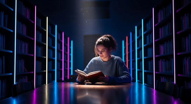 Young Reader In Neon Library Corridor Reading Book.