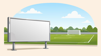 Fototapeta premium Blank advertising hoarding board beside a bright green soccer pitch with a goal in a flat vector illustration perfect for sports sponsorship branding and football advertising design.