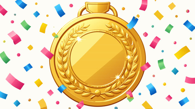 Giant gold medal with a laurel wreath border surrounded by falling colorful confetti in a festive flat vector illustration ideal for sports award ceremony and achievement design.