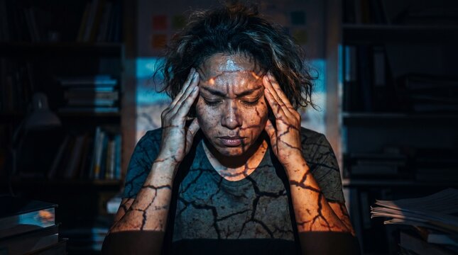 Stressed person with cracked earth map projection covering face and hands at night