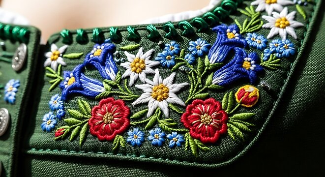 Traditional Alpine flower embroidery on a green Bavarian dress bodice