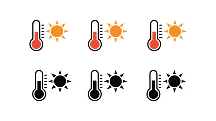 Fototapeta premium Thermometer Icons Showing Temperature Levels from Cold to Hot with Sun Symbols, Weather Indicators, Climate Measurement Scales and Heat Gradient Visualization Design