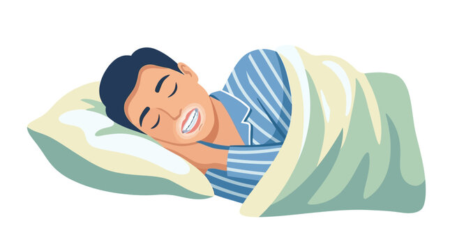 Man sleeping with dental night guard to prevent bruxism and teeth grinding flat vector illustration.