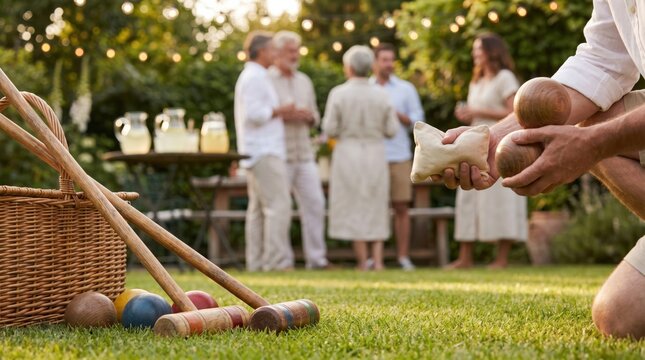 Senior friends playing lawn games in a garden party, active retired people enjoying outdoor leisure activities, summer social gathering with bocce and croquet